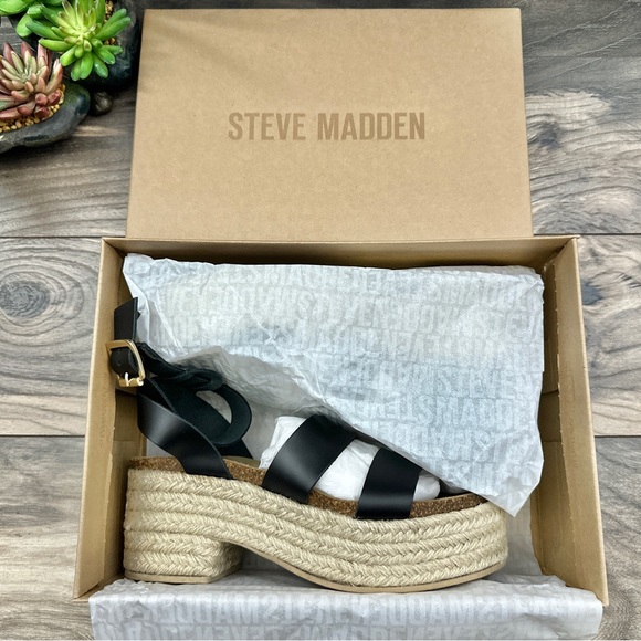 NIB Steve Madden Kelton Espadrille Platform Ankle Strap Sandal Black Leather 8 - Picture 11 of 13